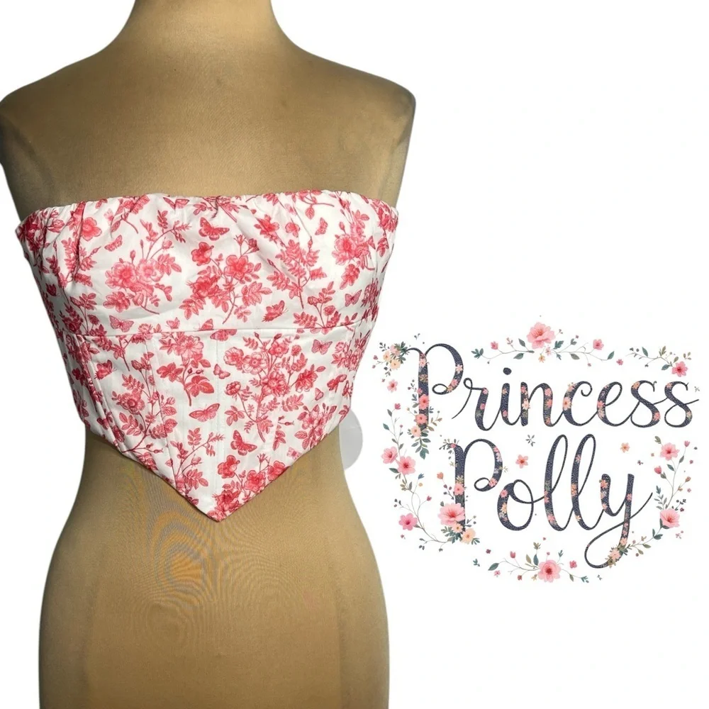 Princess Polly white Juliette bustier with pink butterfly floral print Size 2 - Picture 3 of 15